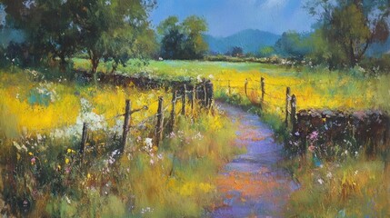 A pathway through a meadow of wildflowers, framed by a rustic stone wall and fence.