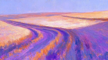 A field path winding through a landscape of pastel colors.