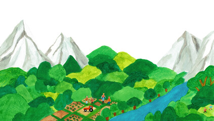 手描きイラスト　山と森と川に囲まれた農村地域