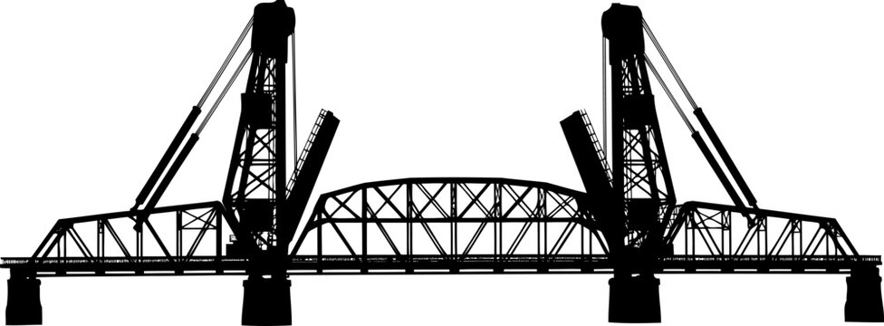 Silhouette of a vertical lift bridge with open span