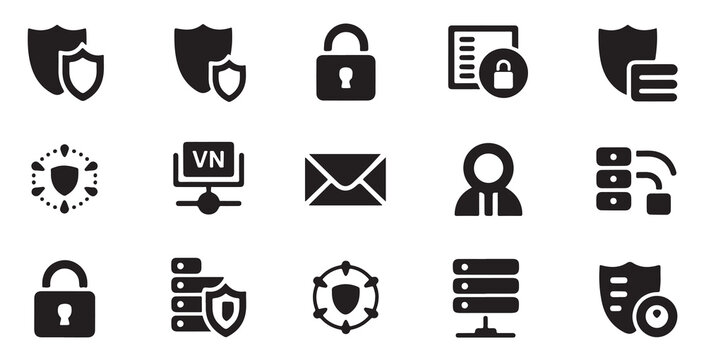 Data protection and network security icons, internet privacy and information safety symbols set