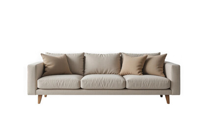 Fototapeta premium Contemporary three-seater fabric sofa featuring neutral beige upholstery and comfortable matching throw pillows on transparent background