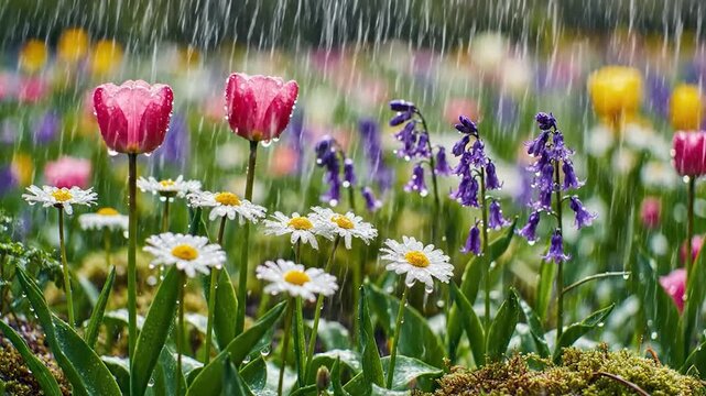 Vibrant spring garden with pink tulips, white daisies, and purple bellflowers in gentle rain