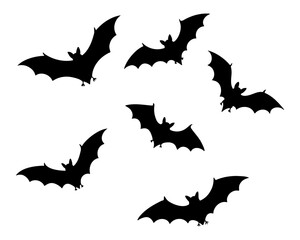Group of black flying bats silhouette collection