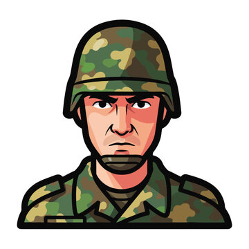 A cartoon soldier with a camouflage uniform and helmet