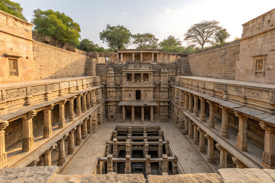 Rani ki Vav stepwell geometric symmetry, muted sandstone colors