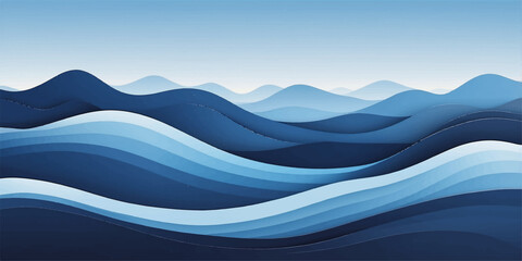 Fototapeta premium Abstract blue wave background over a misty mountain landscape at sunrise with a forest silhouette and winter clouds under a soft morning sky