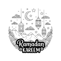Ramadan kareem decorative greeting card with mountains lanterns and crescent moon