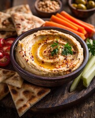Creamy hummus dip with pita bread and fresh vegetables carrots celery