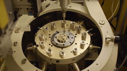 Precision machine tool with components in a circular arrangement.
