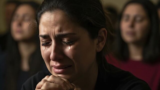 Crying woman praying passionately in an emotional group setting