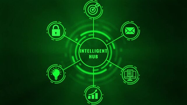 Digital network diagram with the word INTELIGENT in the center and representing a lightbulb, a computer, and a growing graph connected by green lines on a dark green abstract background