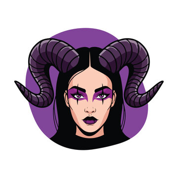 A cartoon woman with purple eyes and horns on her head
