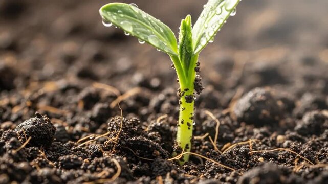 Seedling Sprouting from Dark Earth in Slow Motion