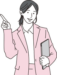 タブレットを抱えて案内をする女性の営業イラスト素材