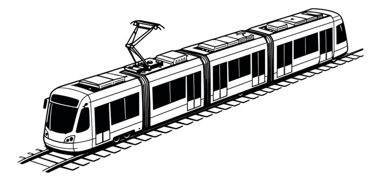 Line art illustration of a modern tram depicting urban transport for city mobility
