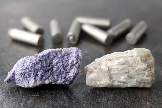 Lepidolite and Spodumene mineral ore. Lithium hard-rock mining, for rechargeable lithium-ion batteries. Critical minerals, raw materials