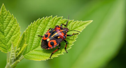 Bright bug with red/black markings sits on a green leaf