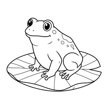 Line art of frog sitting on lily pad, large eyes looking up, spots on back