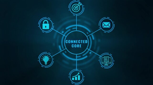 Connected core network visualization with vibrant blue lines and for communication, growth, and technology on a dark blue textured background, symbolizing interconnectedness and digital integration
