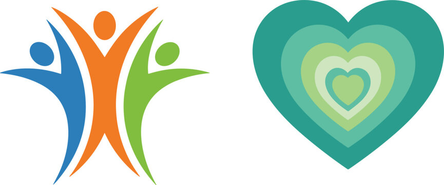 Abstract human figures and layered heart symbol representing love care wellness unity modern colorful vector illustration design