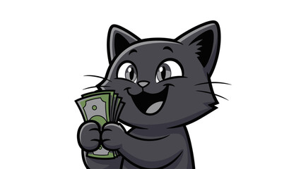 Cat Holding Money, a Grey Cartoon Feline Character Smiling While Displaying a Fan of Green Dollar Bills in Its Paws, Concept of Financial Wealth