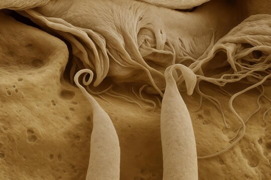 Microscopic intestinal parasite close up with hookworm larvae on tissue surface
