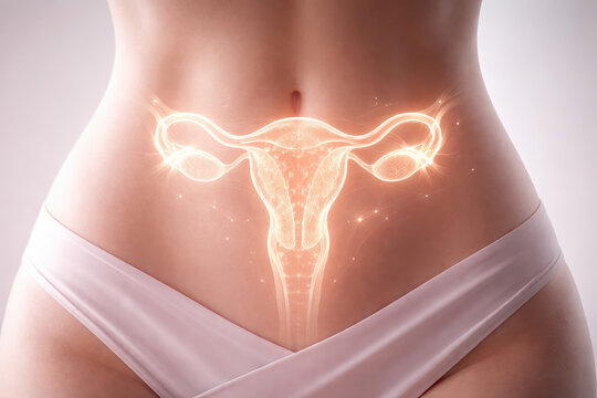 Female abdomen uterus fibroid myoma pelvic pain medical concept