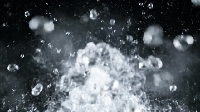 Explosion of water droplets into the camera in slow motion on an isolated black background