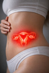 Uterine health, uterus anatomy, female body, pelvic pain, gynecology, myoma concern glow over abdomen fibroids and endometrial polyp concept highlight reproductive organ discomfort