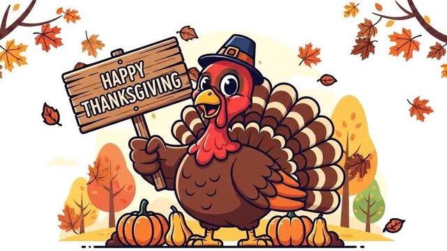 Cartoon Turkey Mascot holding blank sign for Autumn Thanksgiving holiday