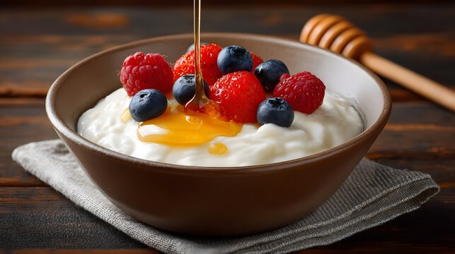 Creamy yogurt topped with fresh berries and a drizzle of honey on a rustic table