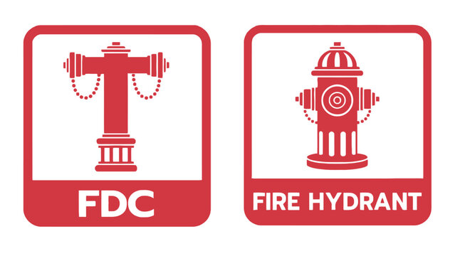 Two red fire hydrant signs with FDC and fire hydrant illustrations