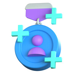 A blue medal with a user profile symbol surrounded by cyan plus signs representing increased personal value