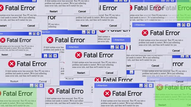 Full Screen Fatal Error Message Pop-ups. Cascading Computer System Failure Windows on Green Screen
