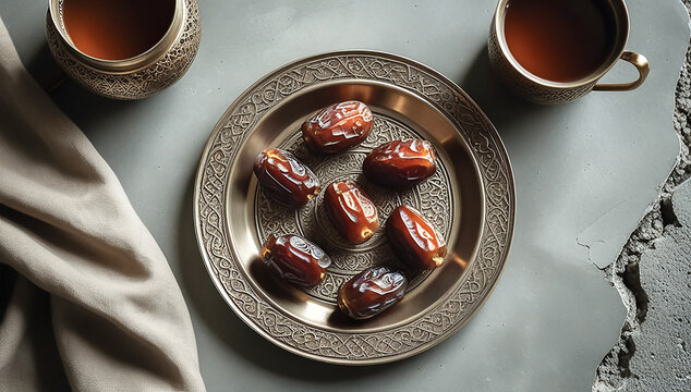 Traditional Dates on Ornate Metal Plate with Tea on Textured Stone Background, Top View Food Photography for Ramadan and Middle Eastern Cuisine