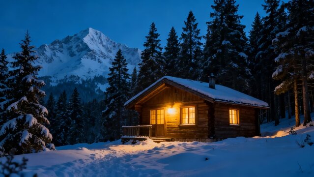 Snow-covered wooden cabin glowing warmly at night in a mountain forest