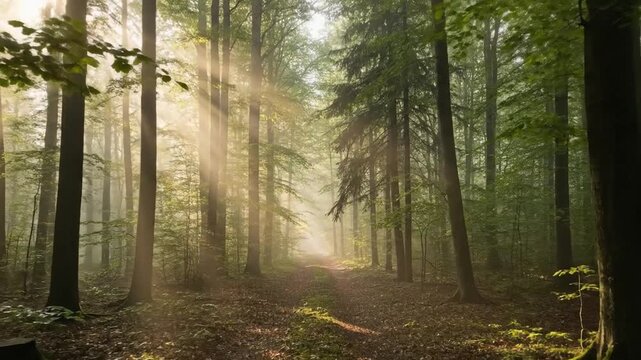 Golden Hour Sunlight Filtering Through Serene Misty Forest Woods