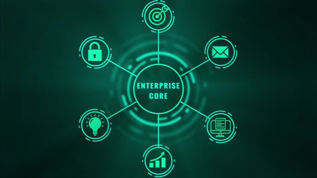 Digital network diagram with central text ENTERPRISE and connected for business growth idea and computer data analysis on a dark teal gradient background with glowing circular and lines