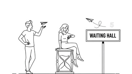 A cartoon man and woman waiting in a waiting hall with an hourglass