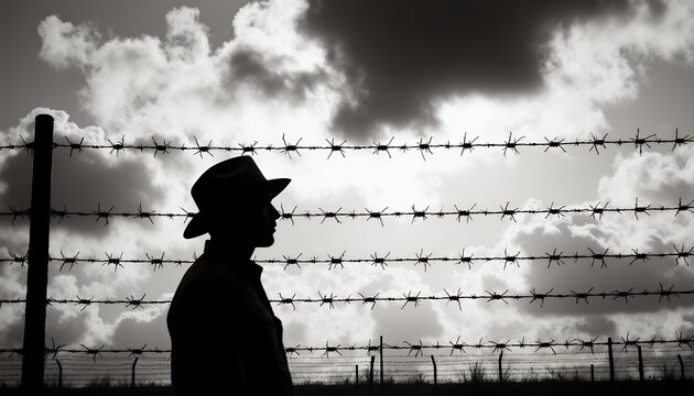Silhouette of a Person Against a Barbed Wire Fence in Monochrome