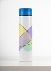 Modern White Water Bottle with Blue Cap and Abstract Geometric Pattern