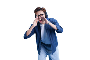 Enthusiastic Expression: A young individual, radiating energy, holds headphones and glasses with excited expression.