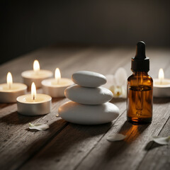 Spa Stones and Essential Oil Bottle with Candles on Wooden Table for Relaxation and Wellness