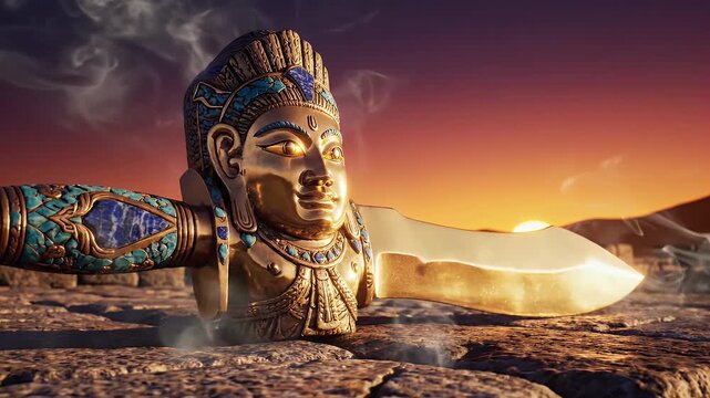 Inti Raymi Ceremonial Tumi Knife on Stone Surface with Sunset Gradient