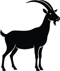 Naklejka premium Black goat silhouette illustration with curved horns standing isolated for farming agriculture wildlife logo design branding rural nature