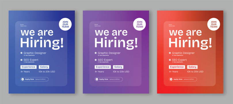 We are hiring job poster, social media post, professional recruitment flyer for graphic designer and SEO expert positions, corporate hiring template