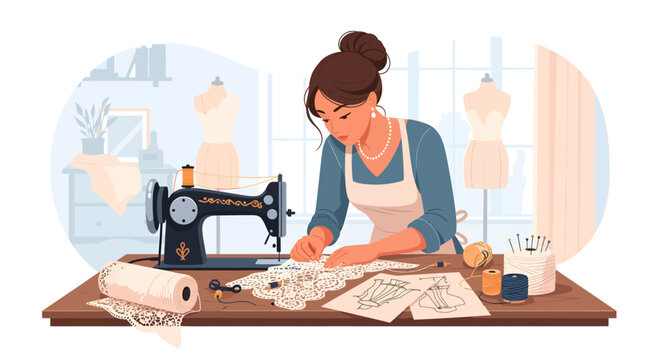 Focused Seamstress at Work with Sewing Machine and Patterns.