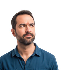Obraz premium Man with beard and blue shirt looking up, a skeptical expression isolated on transparent background
