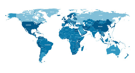 Obraz premium World map with varying shades of blue indicating different regions or data.